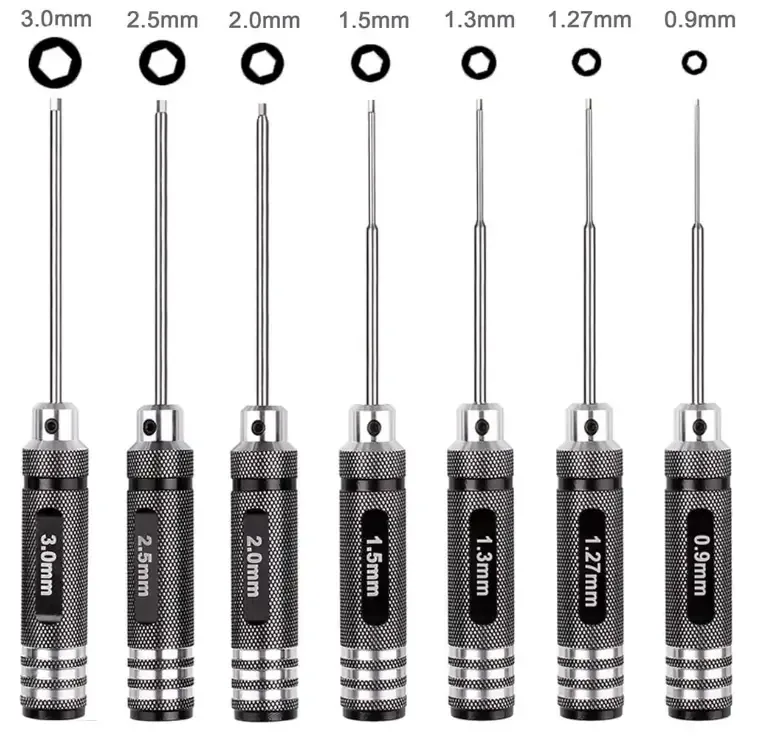 7pcs Hex Screw Driver Set RC Tools Kit 0.9mm 1.27mm 1.3mm 1.5mm 2.0mm 2.5mm 3.0mm Hexagon Screwdriver for Traxxas Arrma Axial Losi Redcat RC Quadcopter Helicopter FPV Racing Drone Models